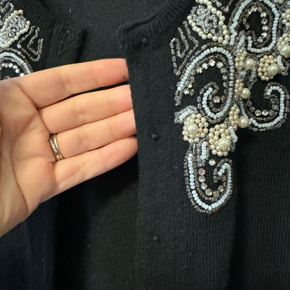 Vintage 50s Hand Beaded‎ Cardigan Sweater Black Wool Couture Womens Small Read